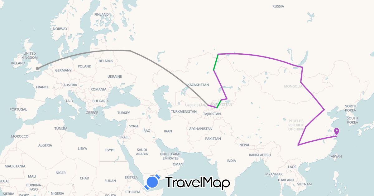 TravelMap itinerary: driving, bus, plane, train in China, United Kingdom, Kyrgyzstan, Kazakhstan, Mongolia, Russia, Uzbekistan (Asia, Europe)